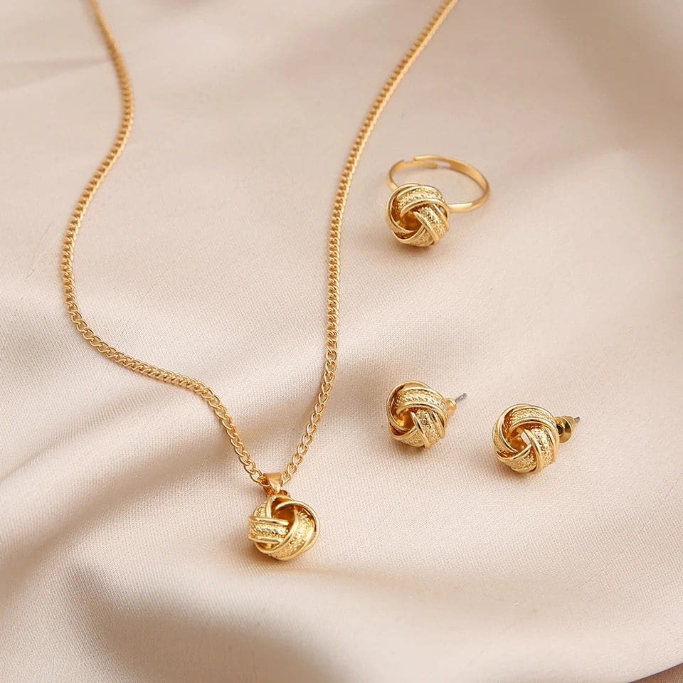 Gold Ball Shape Jewelry Sets, Twist Lucky Knot Earrings Necklace Ring Jewelry Set, Trendy Fashion Style Adjustable Chain Rings Necklace For Woman Gold Ball Shape Jewelry Sets, Twist Lucky Knot Earrings Necklace Ring Jewelry Set, Trendy Fashion Style Adjustable Chain Rings Necklace For Woman